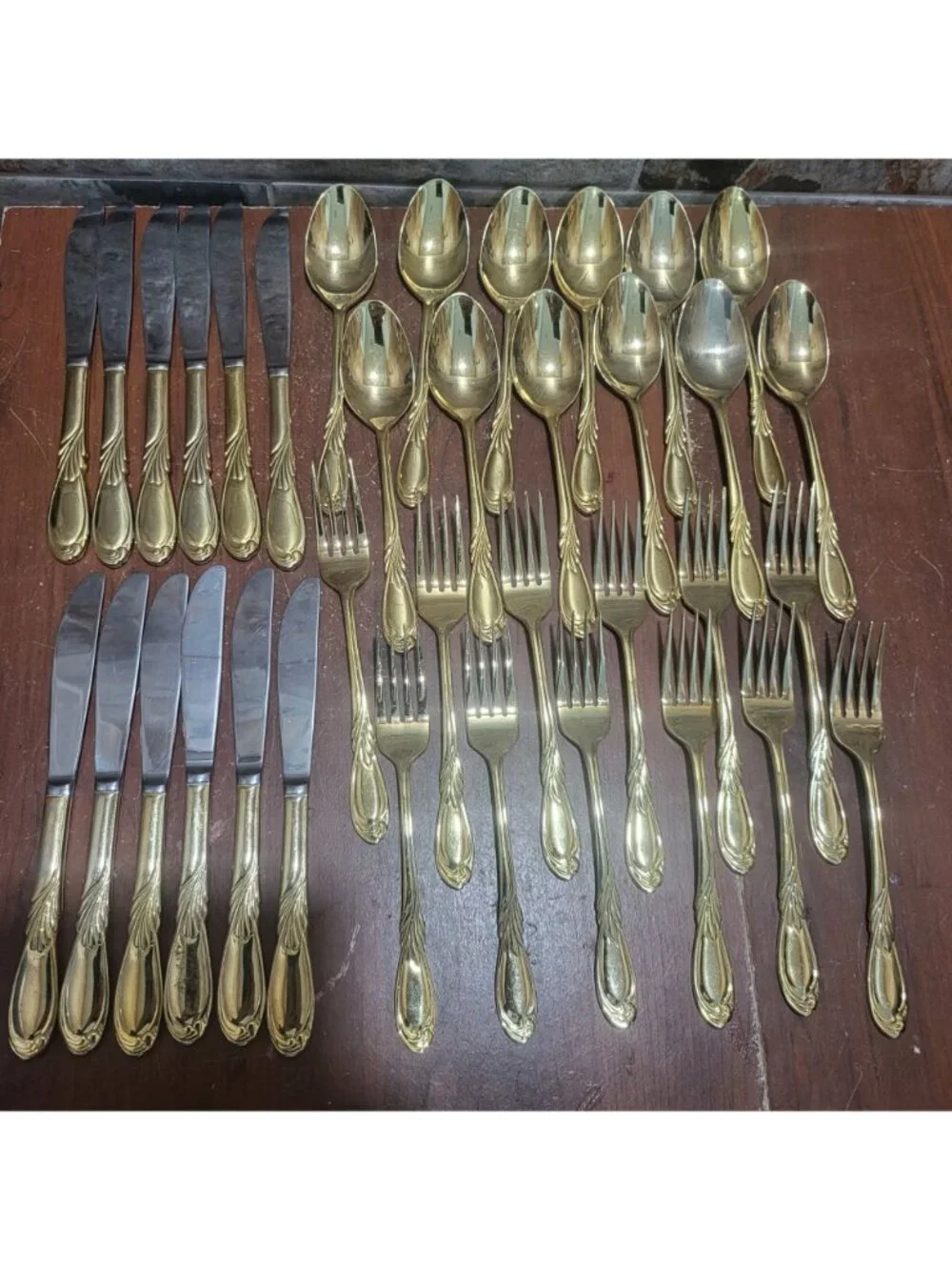 36 Piece Classic Plume Gold Electroplated Flatware Marked Stainless Steel Korea